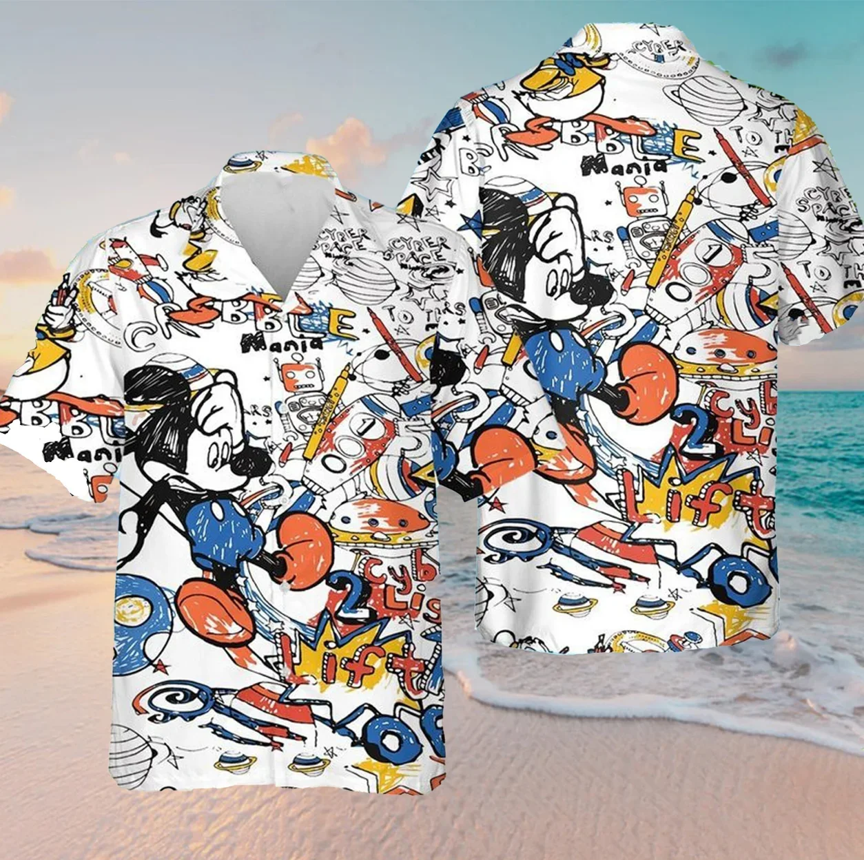 Camisa havaiana masculina e feminina de mickey mouse, camisa de botão infantil, manga curta, casual, praia, moda Disney