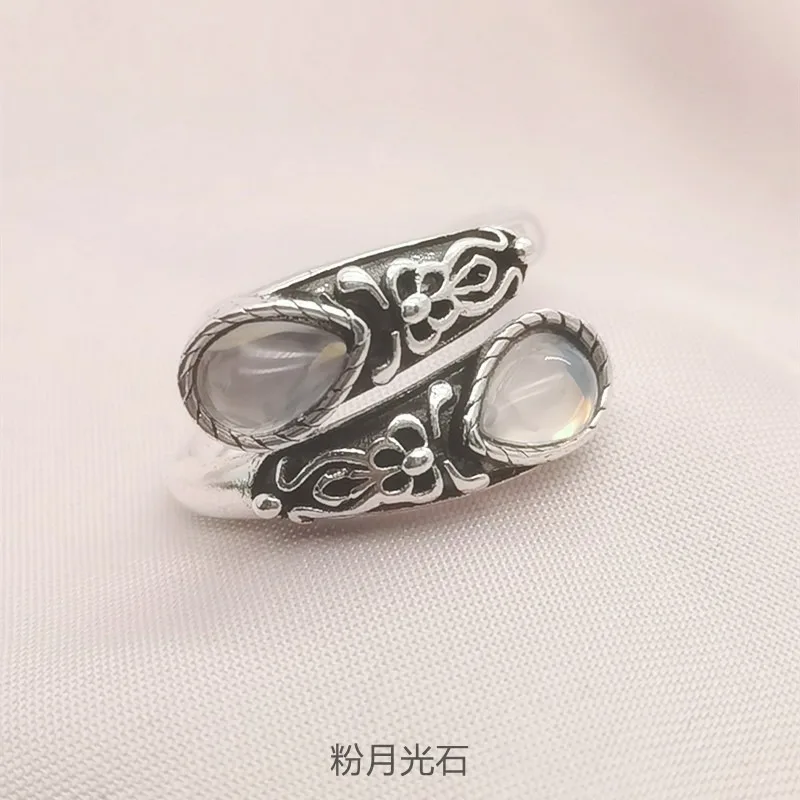 Popular moonstone spoon shaped ring with retro relief bow and Bosnian style temperament versatile and classic exquisite ring