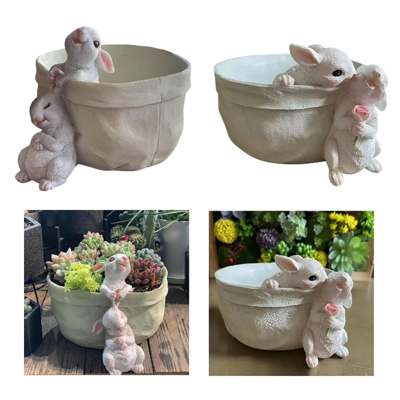 Flowerpot Planter with Rabbit Figurines Handcrafted Multipurpose Photo Prop Lightweight Lovely for Indoor Plants Accessory Resin