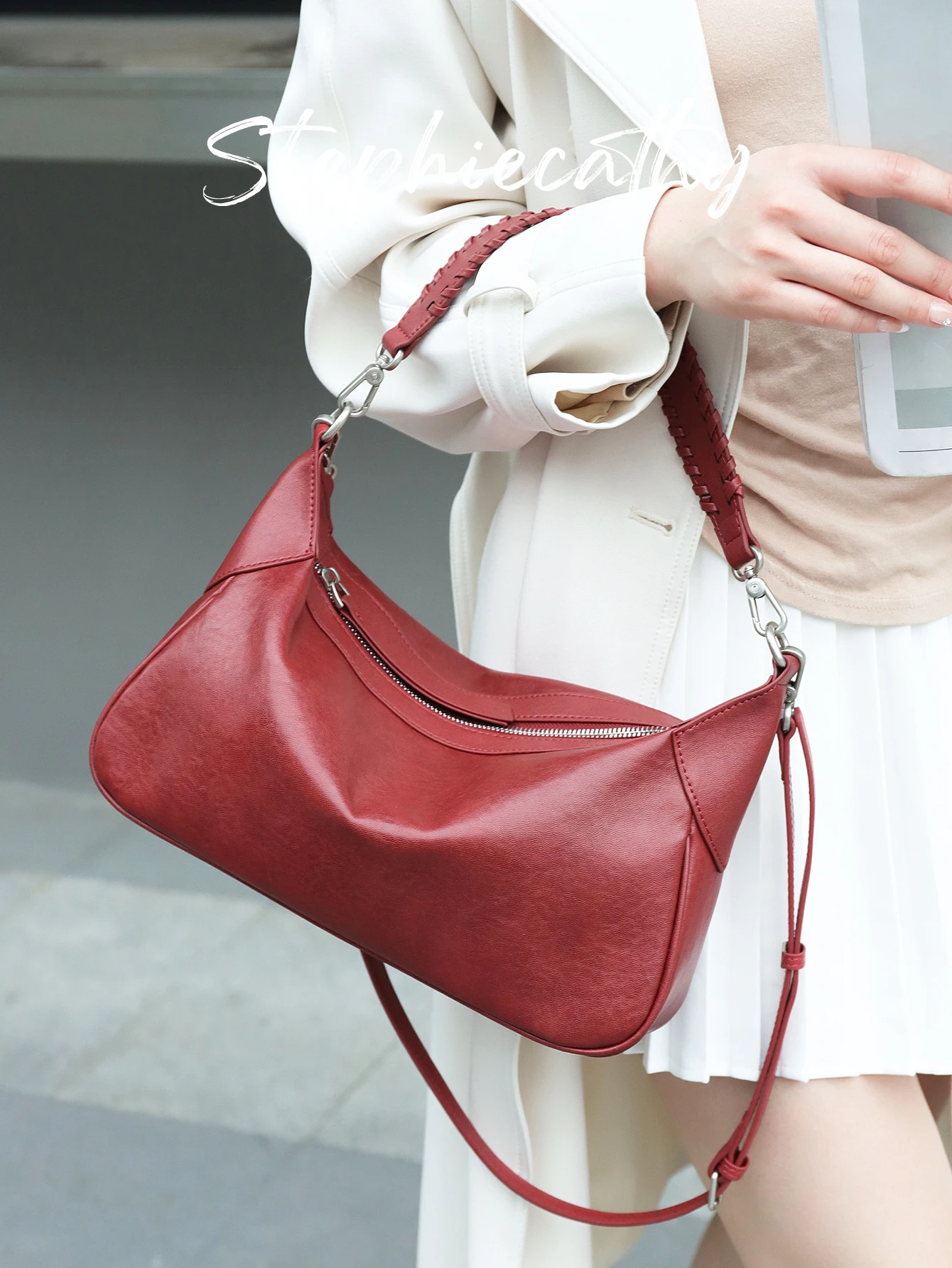 

SC Women's Luxury Genuine Leather Braid Strap Shoulder Bag Zipper Slouchy Cross body Handbag Underarm Pillow Purse Casual Daily
