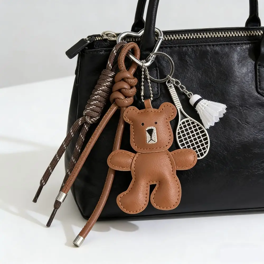 Funny Cartoon Bear Racket Keychain Badminton Good Luck Leather Bag Pendant Woven Rope Keyring Little Bear Bag Hanging Gifts