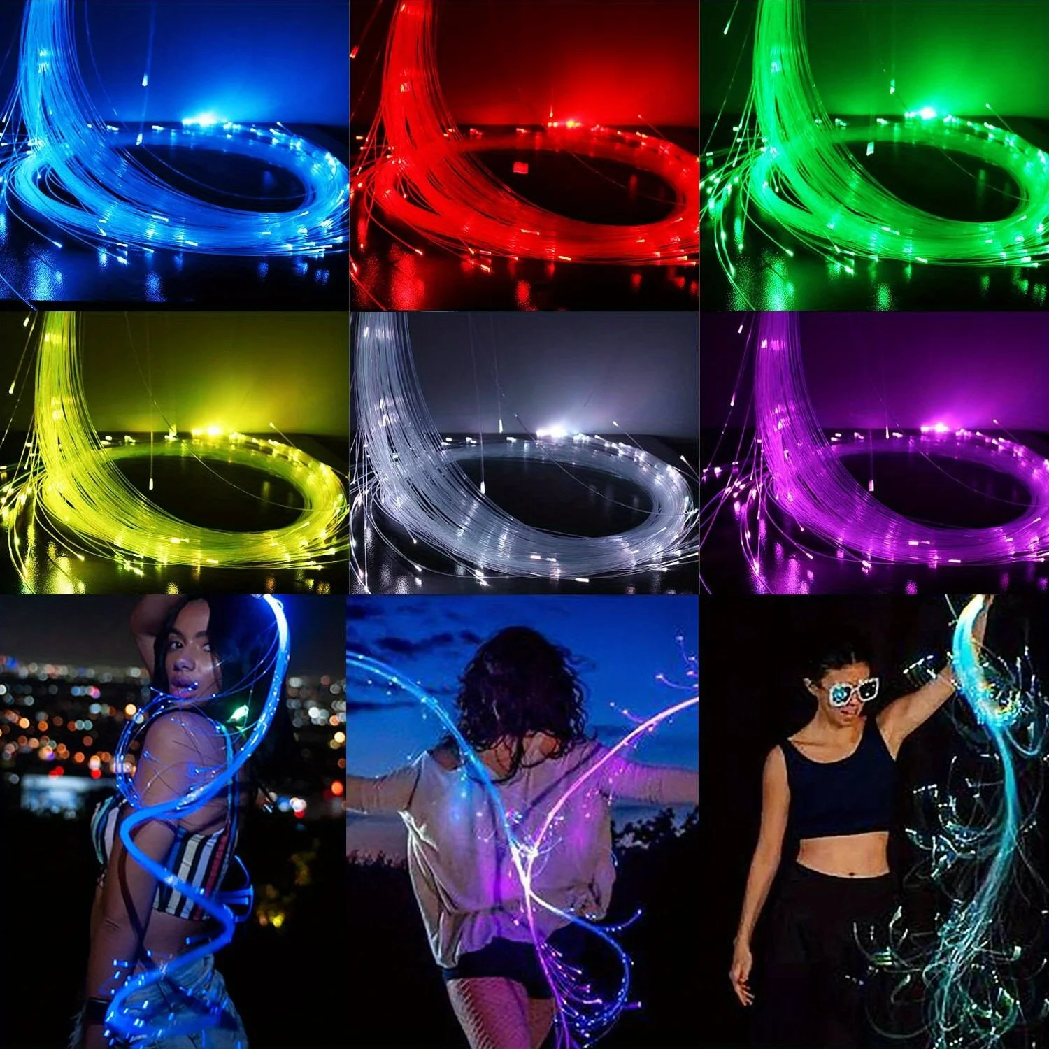 قطعتان من سوط ألياف LED متعدد الأوضاع - تأثير إضاءة فائق السطوع، تأثير تغيير لون ديناميكي، دعائم إضاءة بلاستيكية خفيفة الوزن، مناسبة لحفلات الهذيان والرقص الشرقي وحفلات الهالوين وأعياد الميلاد، وإكسسوارات أعياد الميلاد والهواء المحمولة والديكورات المحمولة والمناسبات