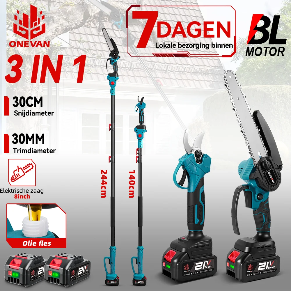 Sierra Eléctrica para Ramas Altas 3 en 1 ONEVAN, Tijeras de Podar, Herramienta para Cortar Árboles con Poste Telescópico para Batería Makita de 18 V
