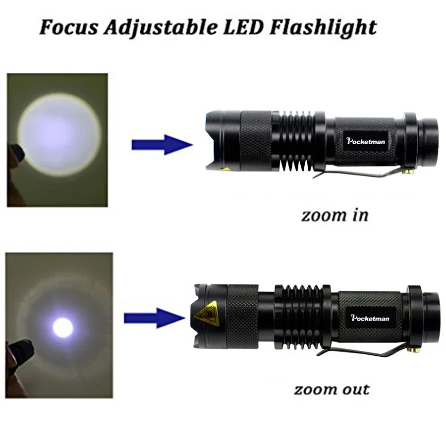 防水ポータブルアルミニウムLED懐中電灯,3/5モード,ズーム可能,戦術的な懐中電灯,aa 14500,黒