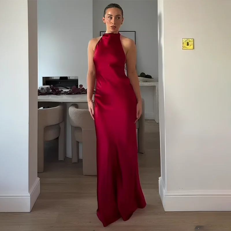 Typhaland Abito lungo con scollo all'americana in raso per donna Abito elegante sexy senza schienale Abito solido a vita alta Abiti da festa di compleanno