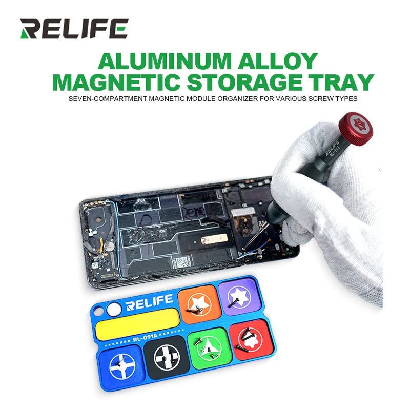 

RELIFE RL-091A Aluminum Alloy Magnetic Screw Organizer Tray 7 Compartments Strong Magnet for Phone Computer Repair Tool Storage