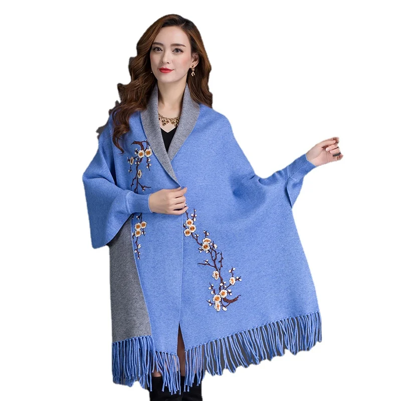 

Autumn Winter Shawl Scarf Dual-use Embroidery Wool Cashmere Thick Tassel Cloak Female oversized sweater women knitted cardigan