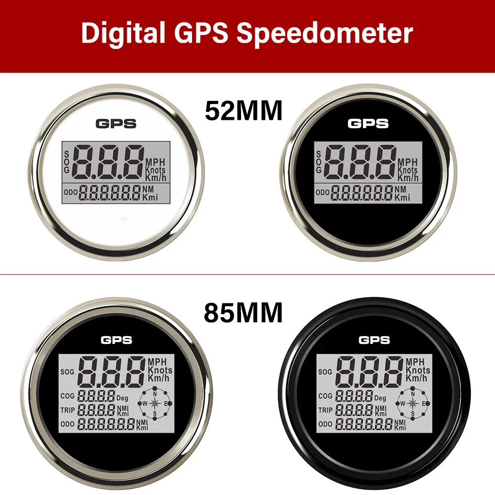 HD 52mm 85mm Digital GPS Speedometer Odometer 0-999knots km/h MPH 12V 24V with 8 Colors Backlight for Yacht Vessel Car Universal