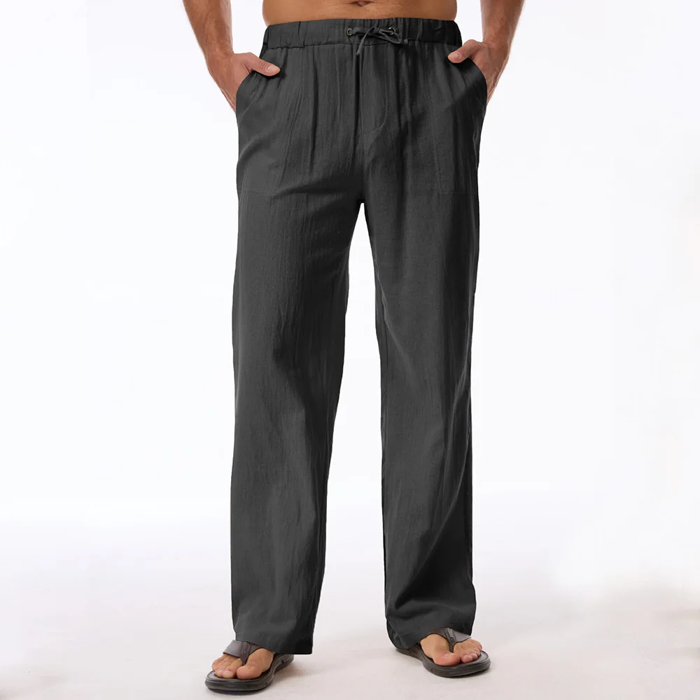 Herren Baumwoll-Leinen-Hose Gerades Bein Urlaubs-Strand-Stil Bequeme Hose Lässige Einfarbige Schlichte Basic Herrenhose