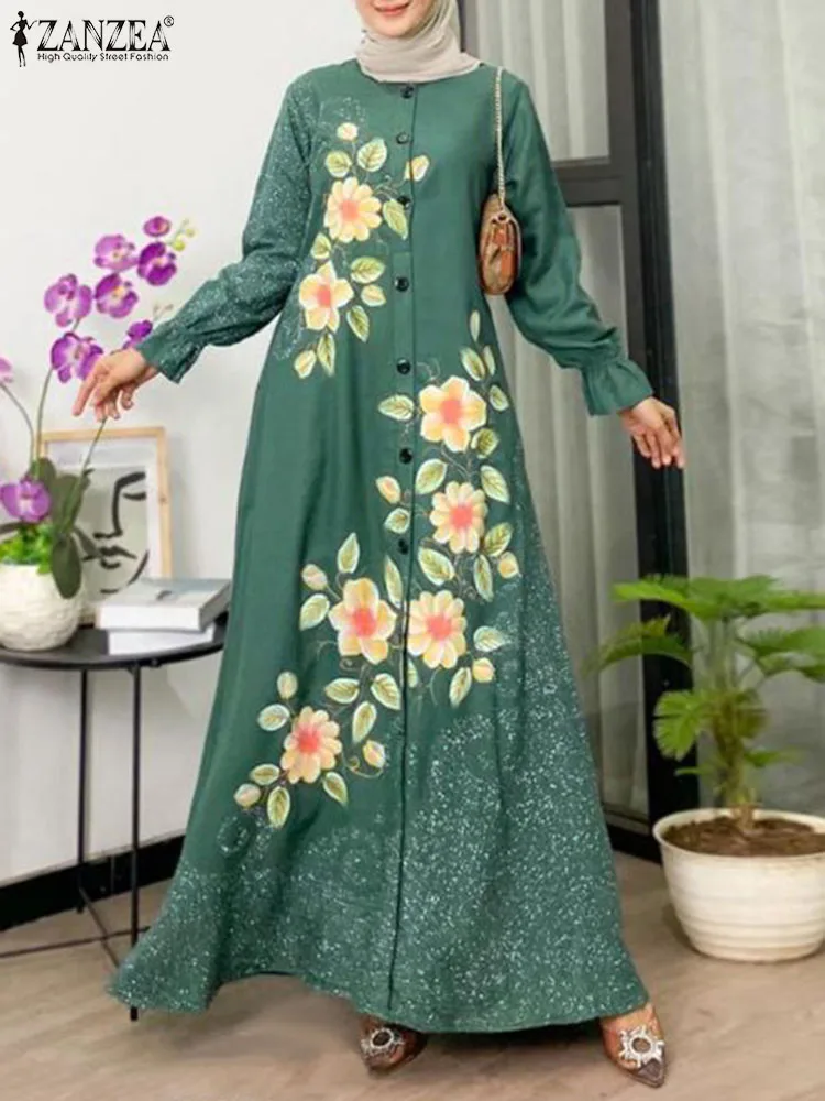 ZANZEA Bohemain Sundress Vintage Floral Printed Muslim Dress Abaya Women Long Sleeve Robe Elegant Long Vestidos IsIamic Clothing