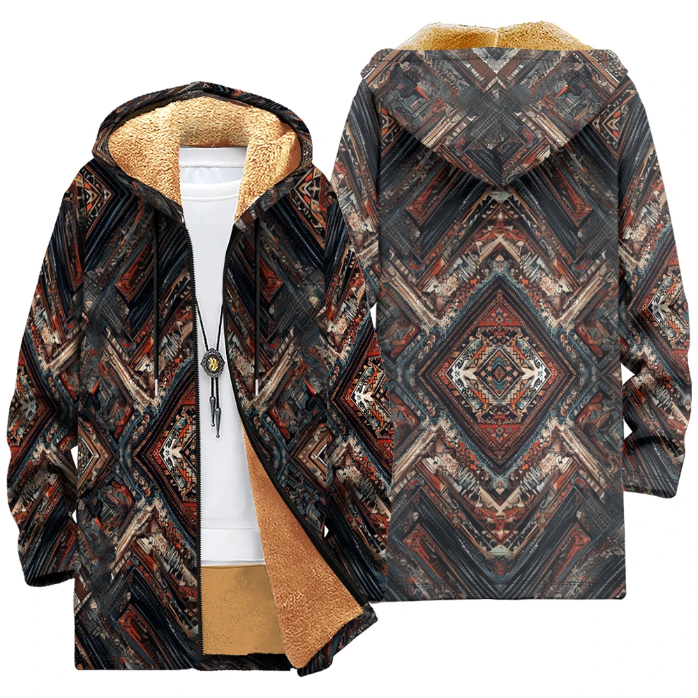 Ethnic Geometric Pattern Tribal Coat Print Hooded Jacket Faux Fur Lining Prosperity Red Blue Bohemian Winter Loose Fit Outerwear