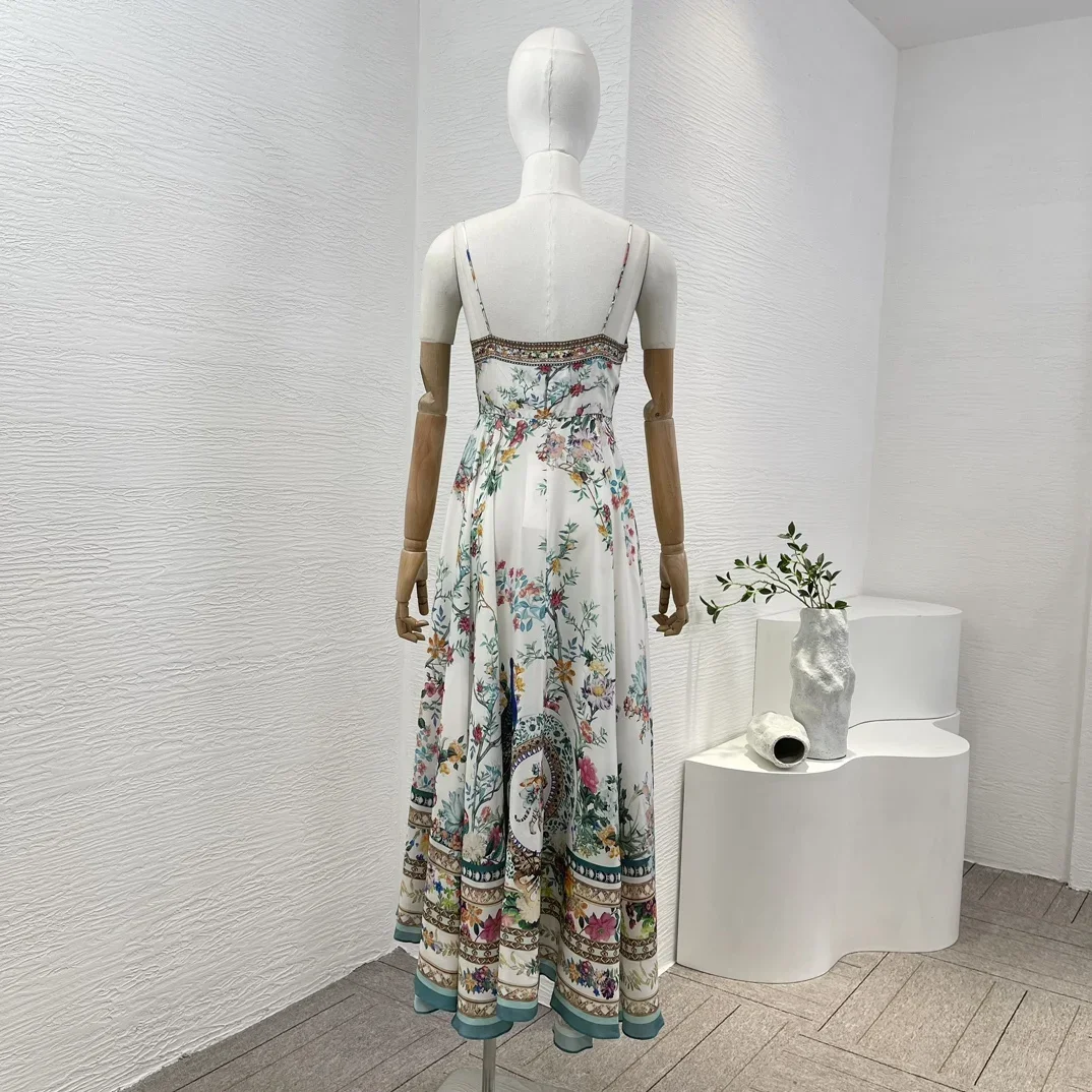 Silk Sleeveless Re-tro 2024 New Arrivals High Quality Floral Printing Self Tie Bow Diamonds Women Vintage Camisole Midi Dress