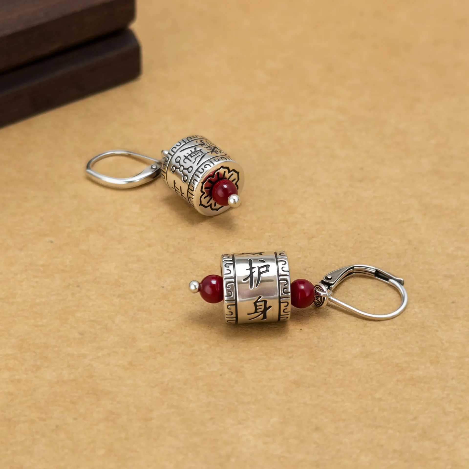 Retro silver 925 Talisman Barrel Bead Vermilion earrings for women Ethnic Style Round Simple Earring Party Jewelry Gifts