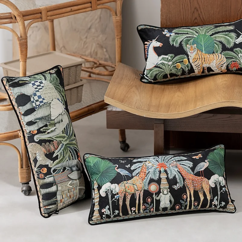 Jungle Animal Pillows Luxury Black Velvet Cushion Case Monkey Elephant Decorative Pillow Cover For Sofa Chair Home Decorations