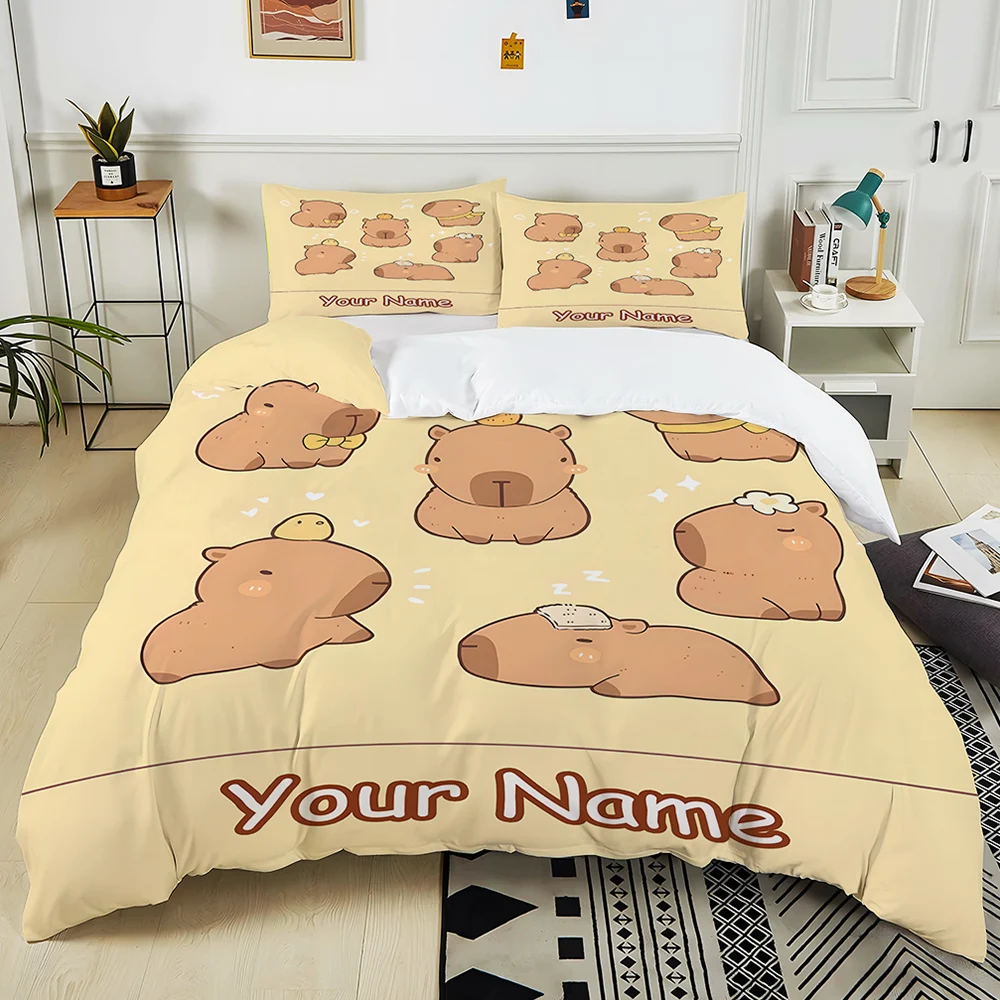 

Custom Name Quilt Cover Cartoon Capybara Bedding Set Children 3 Pieces King Size Bed Set Pillowcase Adult Children Luxury Gifts