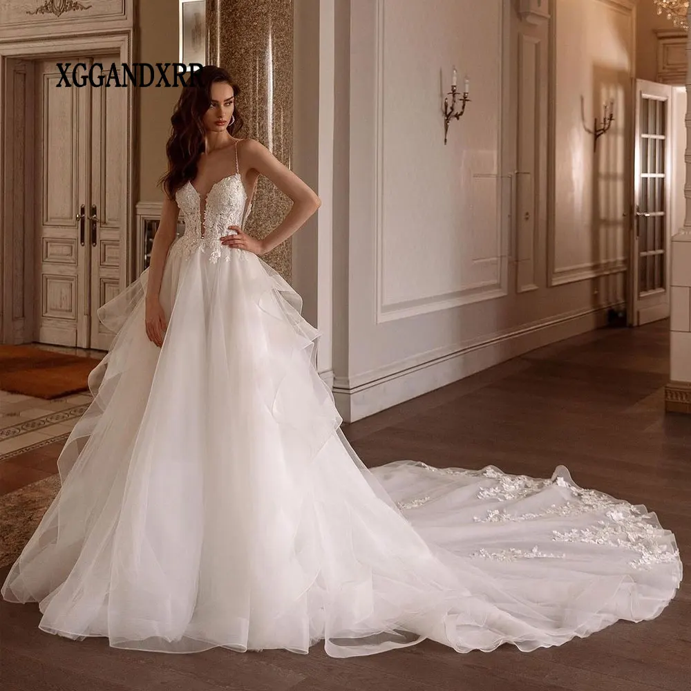 Customized Long Train A Line Wedding Dress 2026 V Neck Spaghetti Bridal Gown Backless Lace Flower Bead White Ivory Bride Vestido