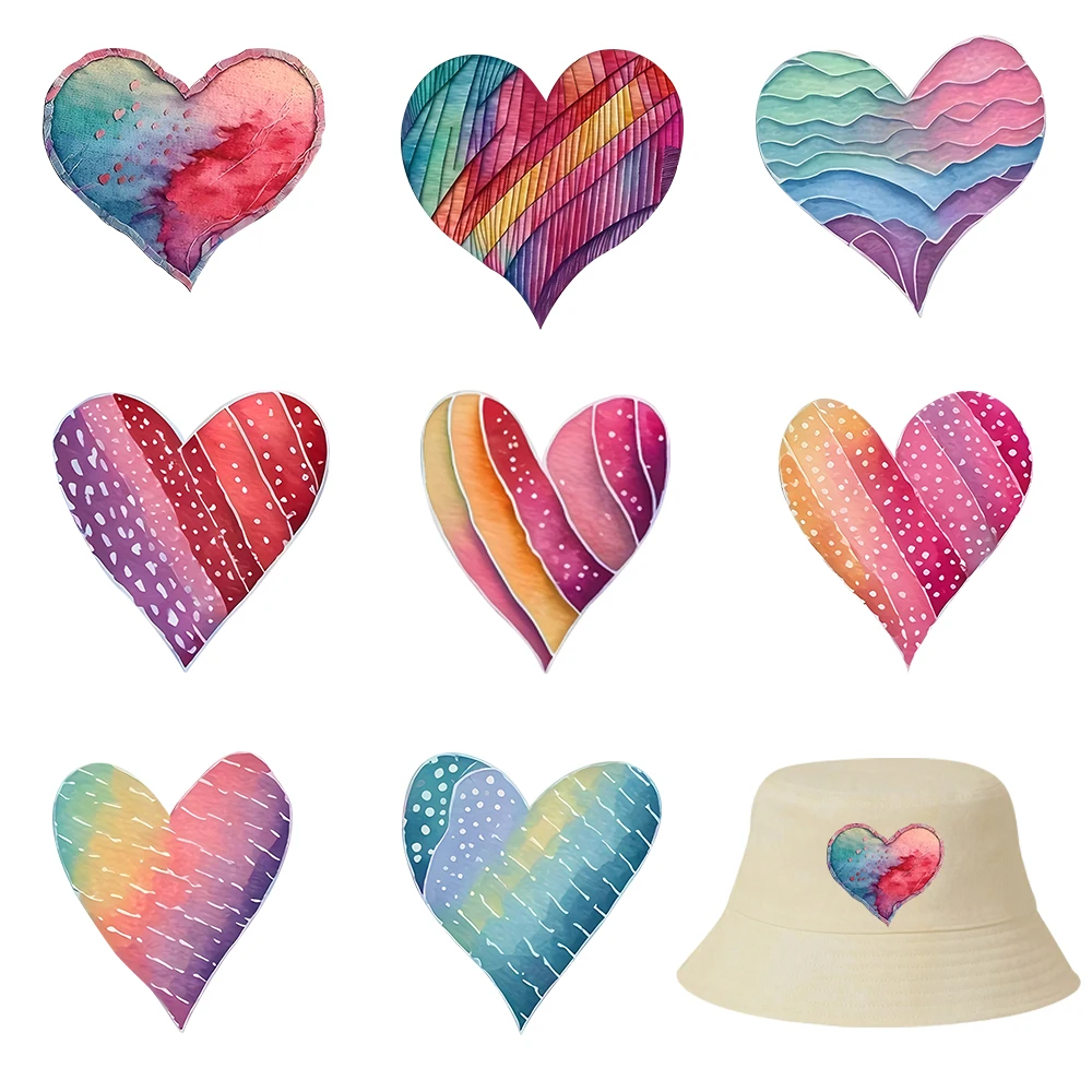 

8 pieces of colorful heart-patterned heat transfer DIY washable high elasticity stickers with water-resistant properties
