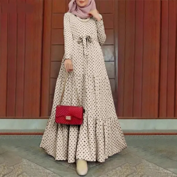 New Muslim Dresses Robe Arrival Muslim Moroccan Polka Dot Long Sleeve Dress Fashion Belt Sundress Party Robe in Stock
