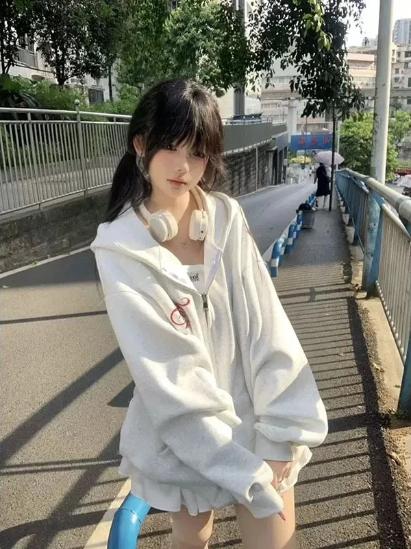 

Oversize American Letter Embroidery Cardigan Hoodie Women's Spring Loose Couple Sweater Faion Set Long Sve Mid-Length