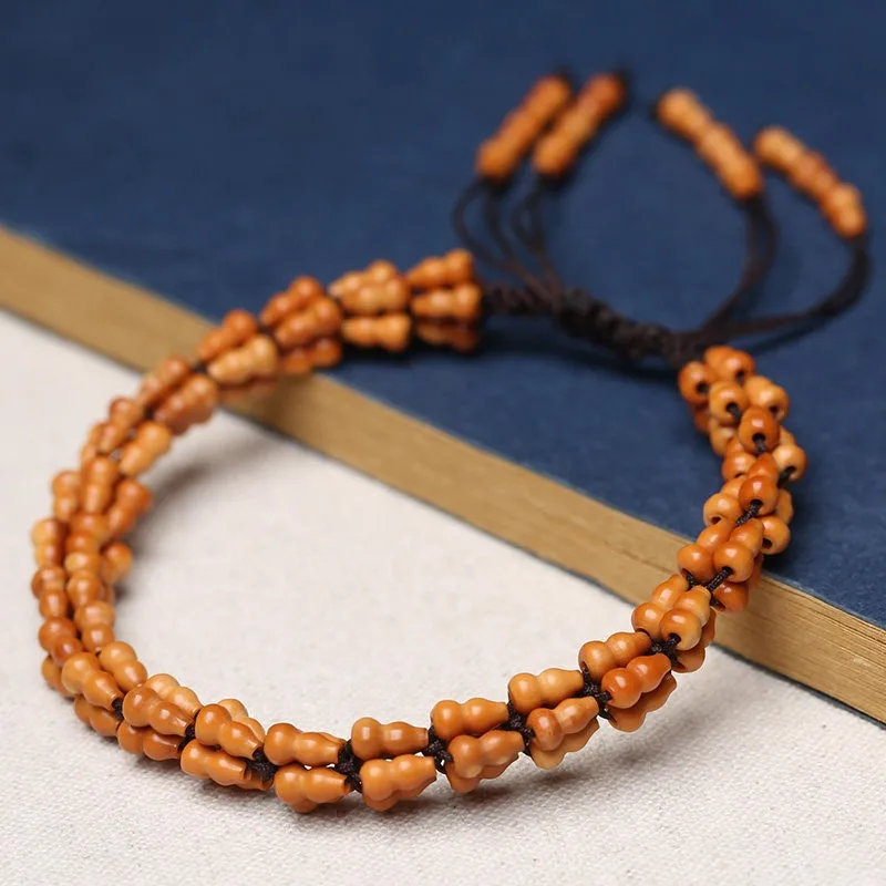 Chinese Style Vintage Lucky Gourd Shaped Olive Nut Beaded Hand Braided Unisex Adjustable Bracelet Prayer Beads Wristband For Goo