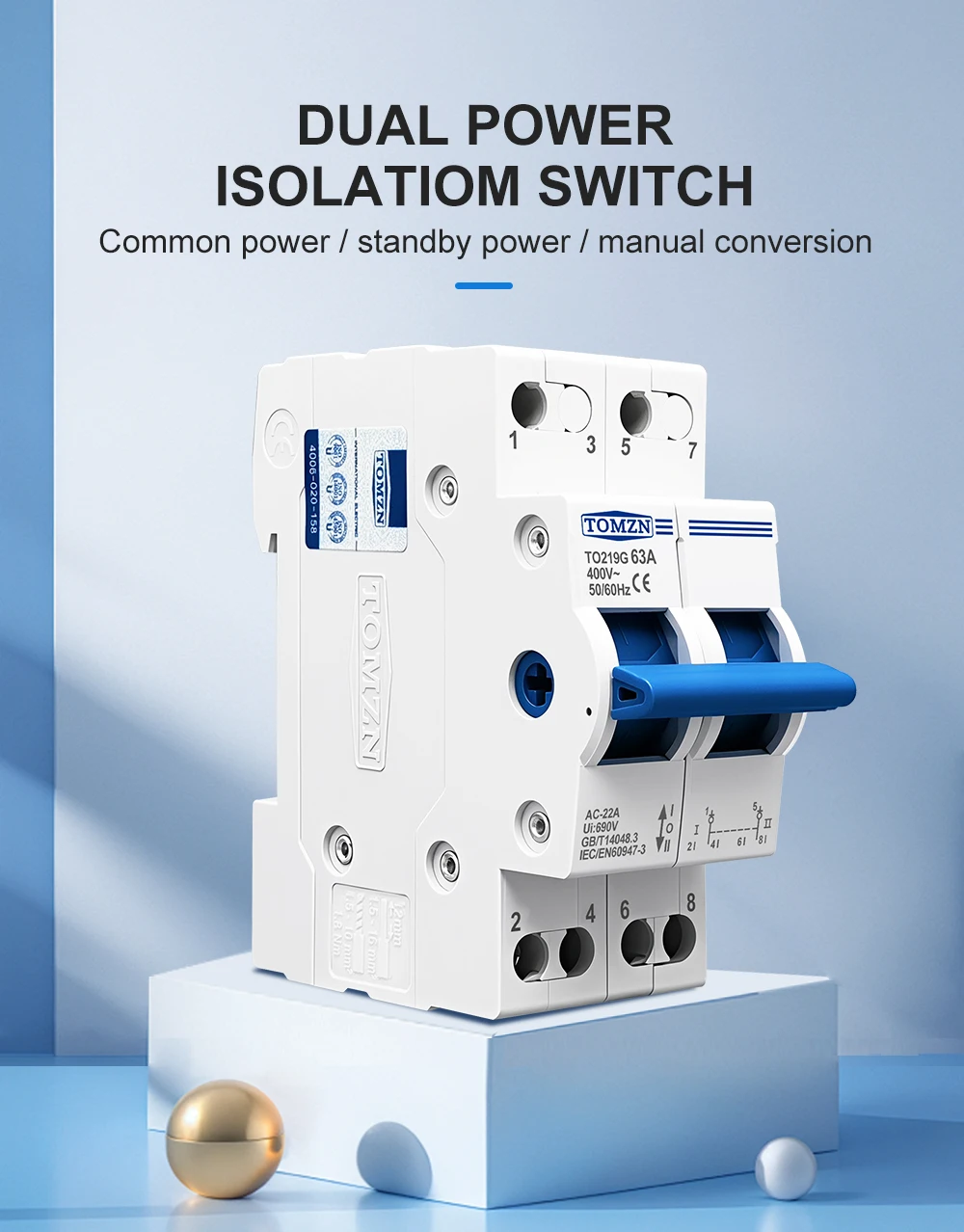 TOMZN 2P 63A MTS Manueller Doppelstrom-Umschalter mit Verriegelung und Leistungsschalter – Detail 3