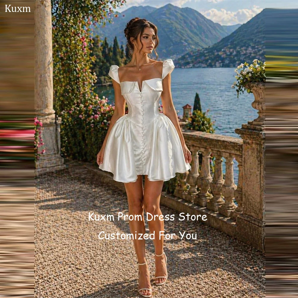 

Kuxm Satin Short Wedding Dresses Bride Sweetheart Sleeveless Vintage Prom Gowns Spaghetti Strap Buttons Mini Vestidos Customized