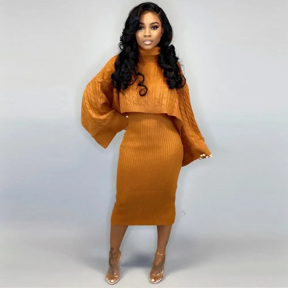 Women Knit Two Piece Sets High Neck Knitted Pullover Cloak Sweater & Spaghetti Strap Bodycon Dress Spring Fall Chic Suit Outfits