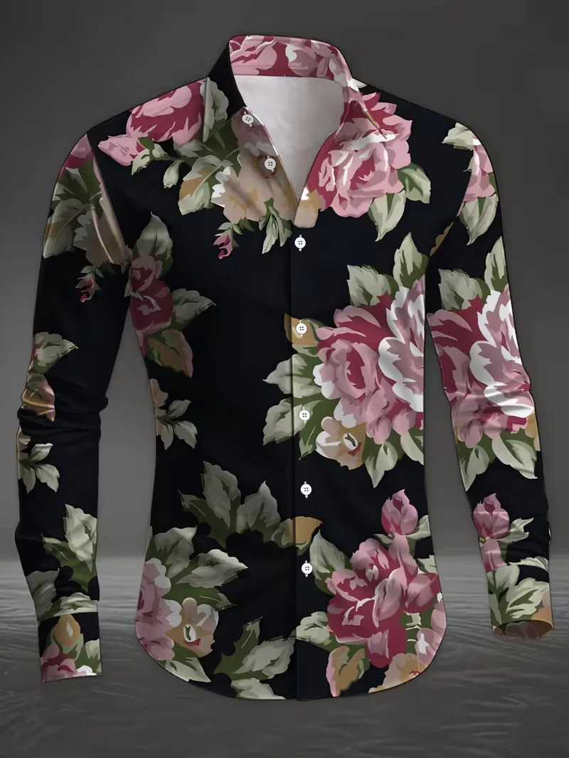 

Новая мужская гавайская рубашка с цветочным принтом, повседневная рубашка с длинными рукавами, мужская модная рубашка, мужская одежда, топ