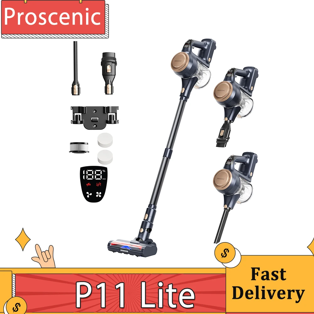 Proscenic P11 Lite Cordless Vacuum Cleaner Max 28 kPa Suction LED Screen Auto De-Tangles Hair 180° Swivel Steering 550ml Dustbin