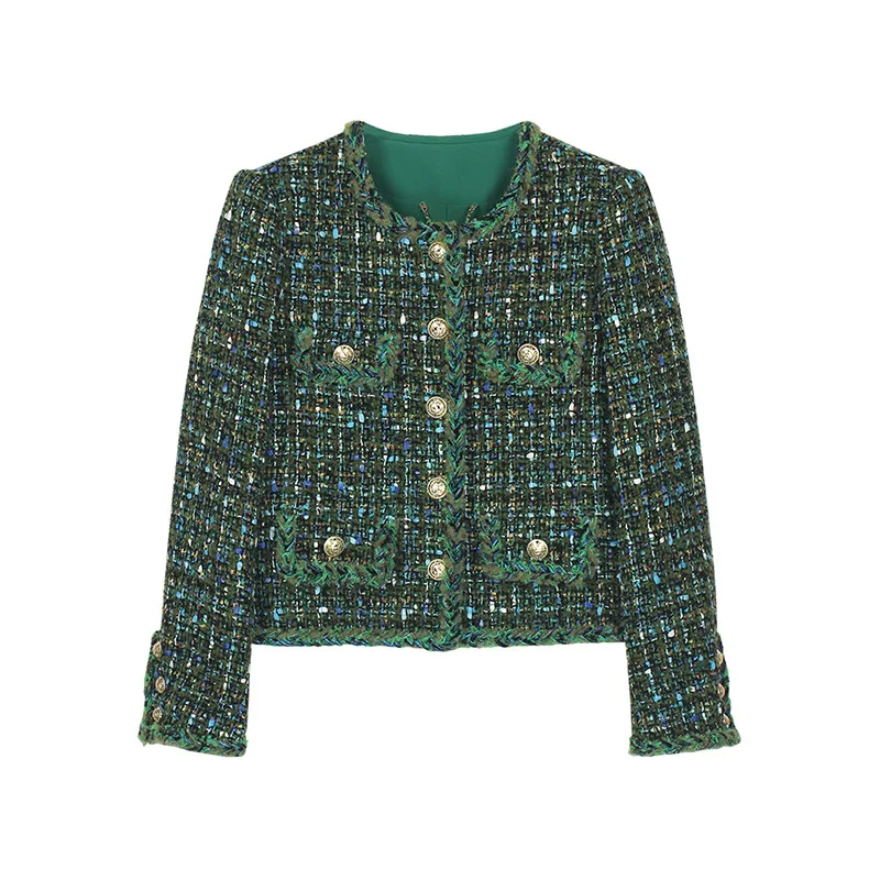 

French Vintage Wine Green Small Fragrance Jacket Women High Quality Wool Blend Light Luxury Autumn Winter Lady Tweed Jacket