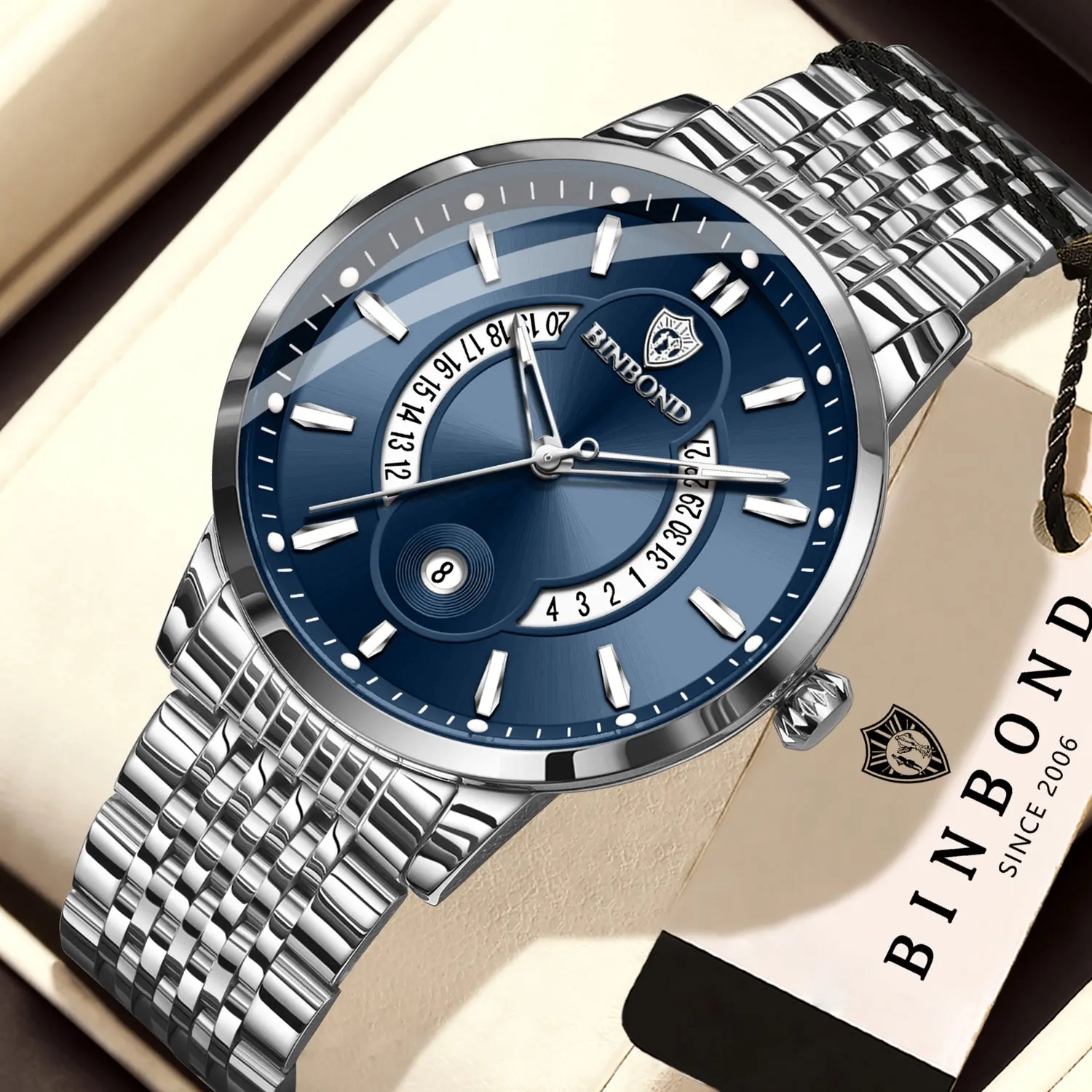 BINBOND Original Luminous Waterproof Auto Date Men's Watch Stainless Steel Relojes Quartz Wristwatches For Men Luxury Reloj +Box