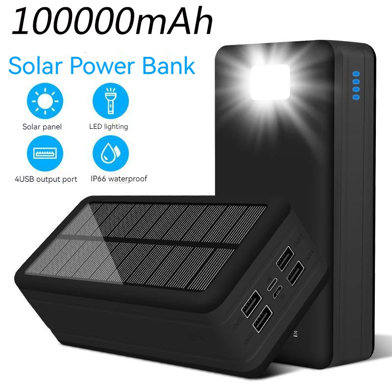 100000mAh outdoor solar power bank charging case External Smart Battery Pack led light 4 USB Charger Three prevention Power lamp