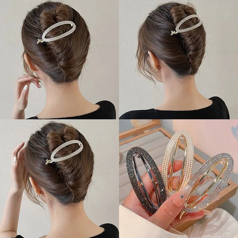 Fashion Metal Oval Rhinestone Hair Clip For Women Girls Elegant Round Sweet Crystals Hairpins Barrettes Hair Accessories