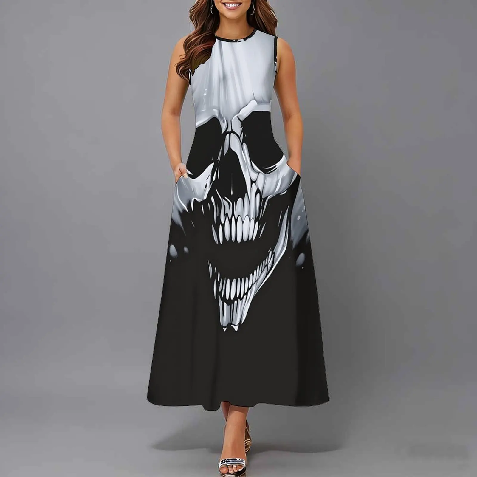 Women Sleeveless Long Maxi Dress With Pockets 3D Oil Painting Print Casual Loose Summer Vacation Party Sundress