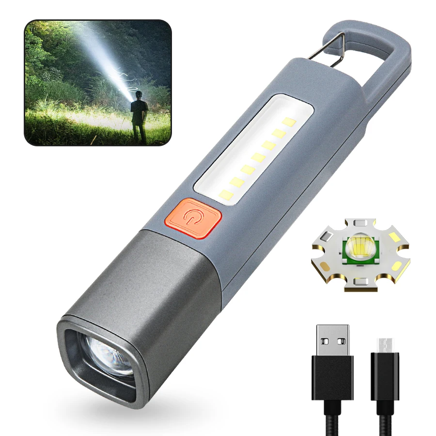 Mini linterna LED portátil recargable por USB con gancho, linterna con zoom para acampar al aire libre, senderismo, linterna de emergencia de largo alcance