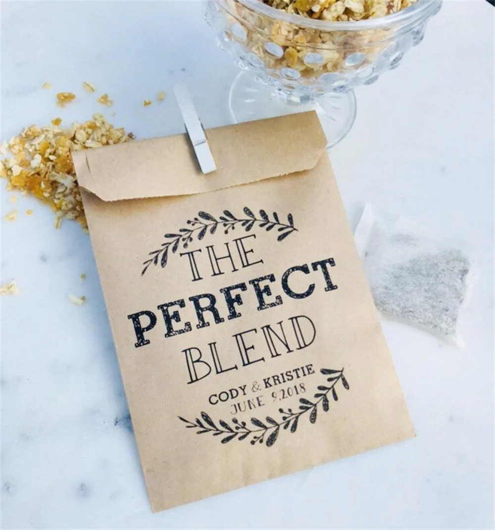 50 Wedding Favor Bags! - The Perfect Blend - Coffee, Tea & Honey, or Granola Favor Bags - Custom Printed on Kraft Brown Paper Ba