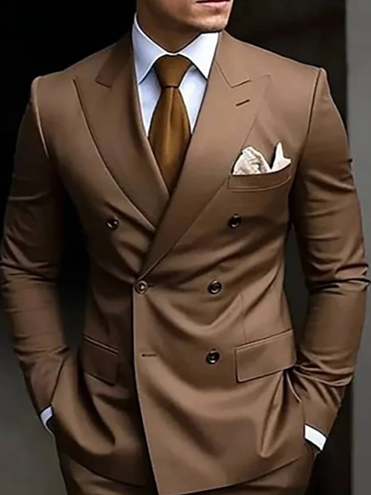 

Мужской двубортный пиджак, коричневый деловой пиджак для свадебной вечеринки, элегантный офисный мужской пиджак с лацканами и длинными рукавами, блейзер