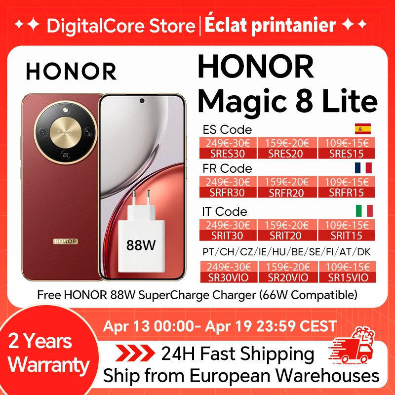 Novo HONOR Magic8 Lite Versão EU 5G Smartphone Android 2026 com AMOLED, Snapdragon 6 Gen 4, 7500mAh e Câmera AI de 108MP com OIS