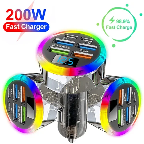 Cargador de coche de 6 puertos de 200W, carga rápida PD QC3.0 USB C, adaptador tipo C para teléfono de coche, para iPhone, Samsung, Huawei, Xiaomi
