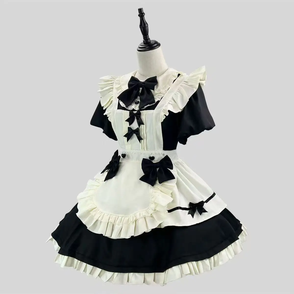 Autunno giapponese carino Lolita cameriera stile dolce set in due pezzi manica a sbuffo da donna colletto per bambola vestito e grembiule bowknot set vintage
