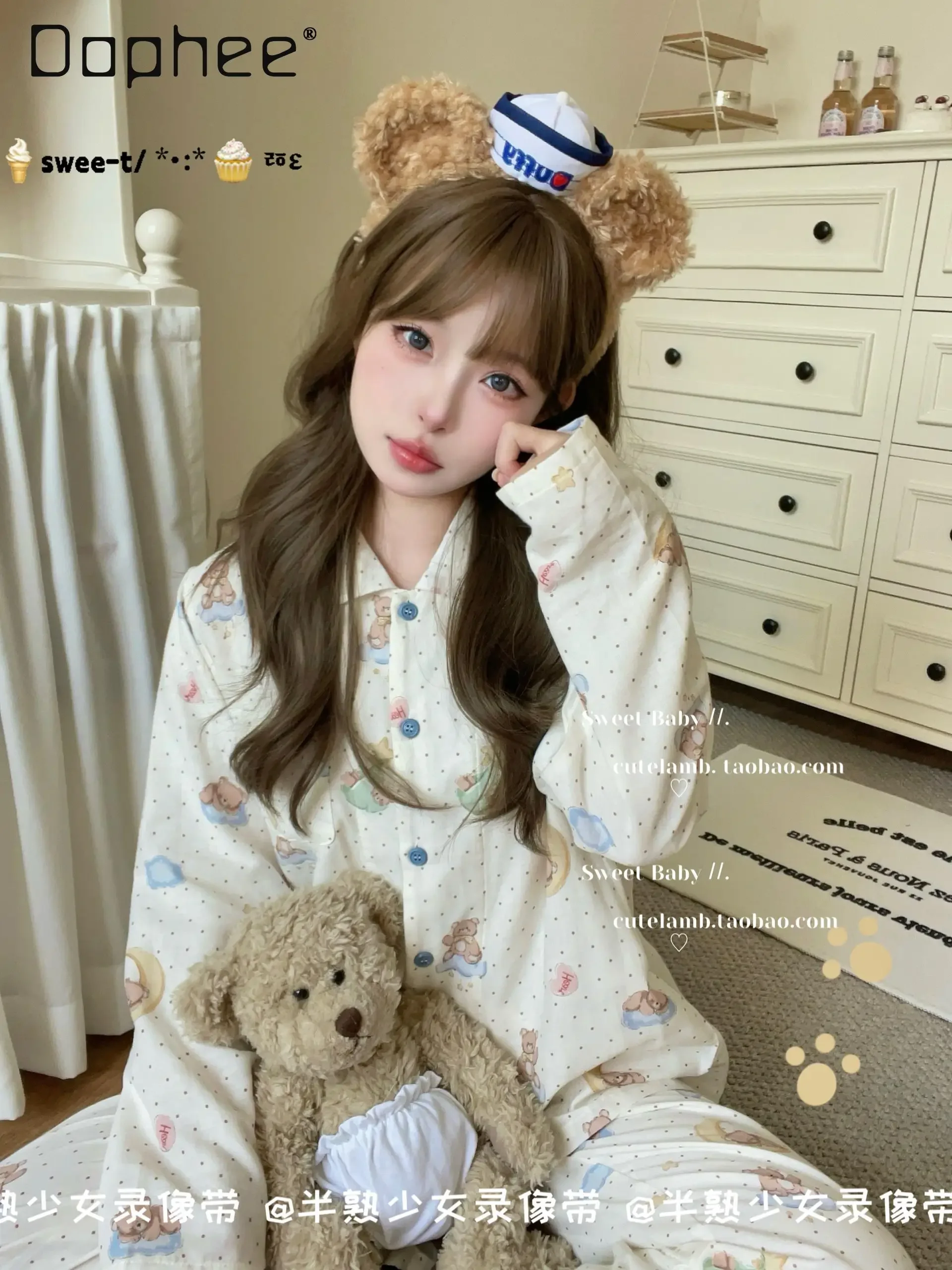 Spring and Autumn Lapel Cotton Pajamas Female Cute Cartoon Long Sleeve Polka Dot Sleepwear Two Piece Sets Home Clothing