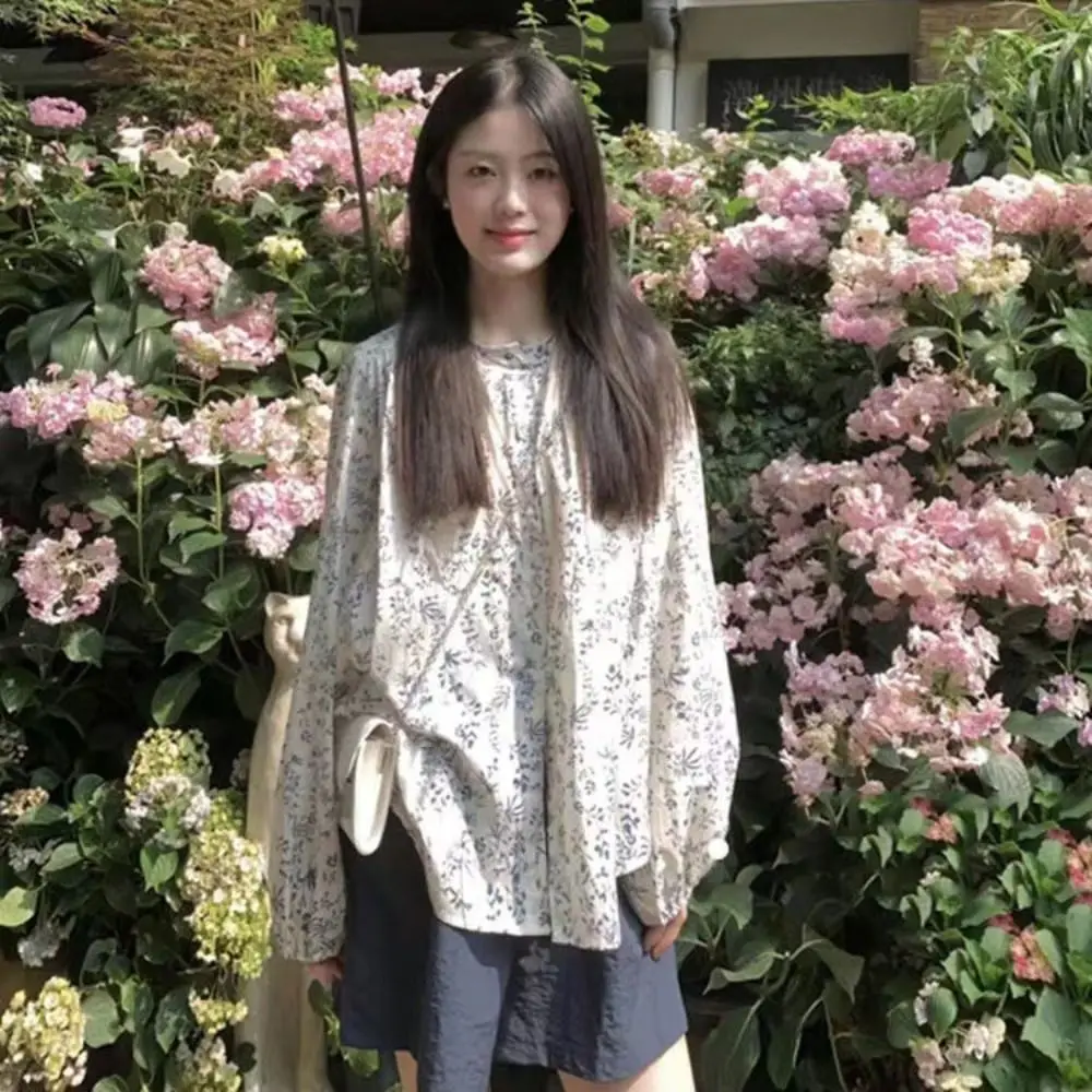 

Leisure Sweet Puff Sleeve Blouse Loose Ins Flower Shirt Top Retro Casual Cardigan Shirt Women Spring Summer