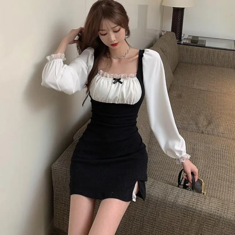 

Dress Women Spring Sexy Puff Sleeve Slim Mini Fashion Style Square Collar Mature Feminine Leisure Sweet Street Cool New