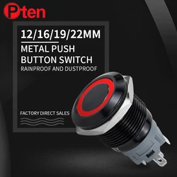 12/16/19/22mm Waterproof Metal Push Button Switch LED Light Momentary Latching Car Engine Power Switch 3/6/12/24/220V black1NC1N