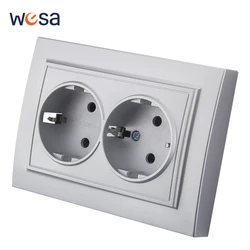 WESA Silvery Socket Plugs Power 2 Socket EU Electrical Outlett With Ground Flame Retardant Spray Paint Plastic Wall Embed Socket