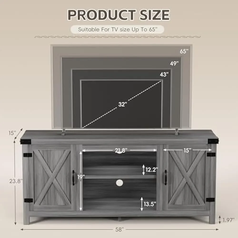 TV Stand with Two Barn Doors and Storage Cabinets for Televisions Up To 65+ Inch,Entertainment Center Console Table, TV Stands