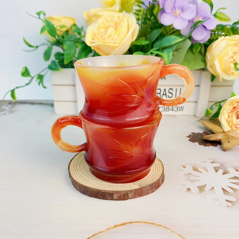 Artificial Carnelian Cup Crystal Hand Carving Bamboo Red Agate Glass Healing Polish Artificial Agate Kitchen  Home Decor