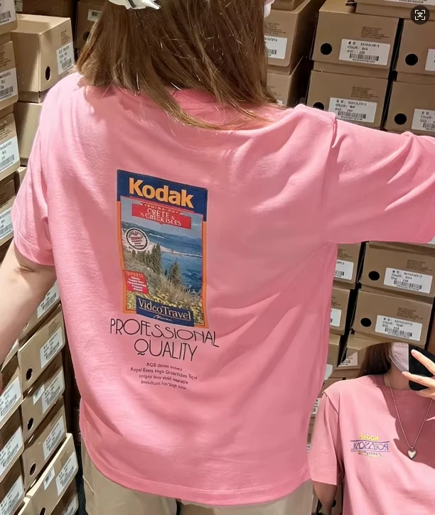 

Kodak Retro Travel Poster Print T-Shirt Unisex Adult Kids Casual Cotton Short Sleeve Pink Streetwear Oversized Tee