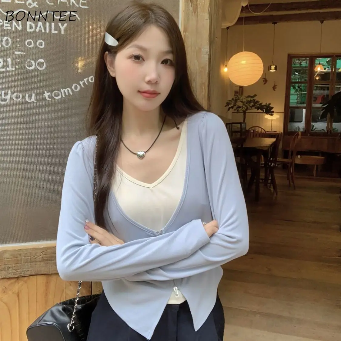 T-shirt kadın sahte iki adet uzun kollu fermuar mahsul Tops kore tarzı Stylish şık Trendy temel öğrenciler rahat 3XL Chic