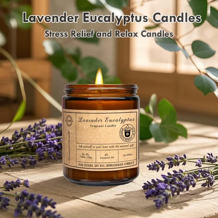 Velas perfumadas para ambiente doméstico Velas de aromaterapia de cera de soja de eucalipto de lavanda de 7 oz para aliviar el estrés y relajar NonToxi